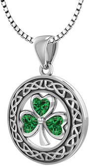 925 Sterling Silver Irish Celtic Shamrock Clover Birthstone Pendant Necklace - US Jewels