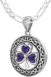 925 Sterling Silver Irish Celtic Shamrock Clover Birthstone Pendant Necklace - US Jewels