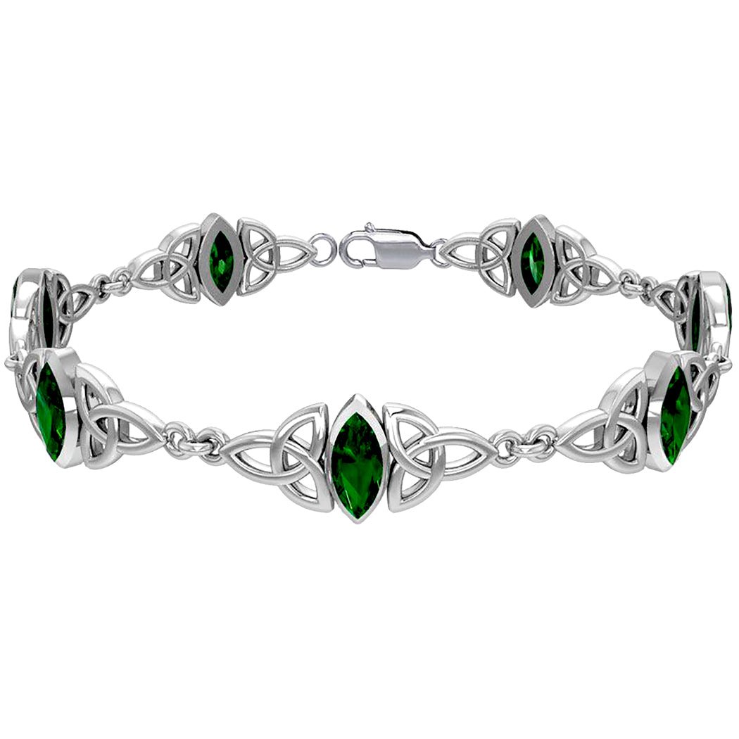 925 Sterling Silver Irish Celtic Trinity Knot Simulated Emerald Glass Bracelet - US Jewels
