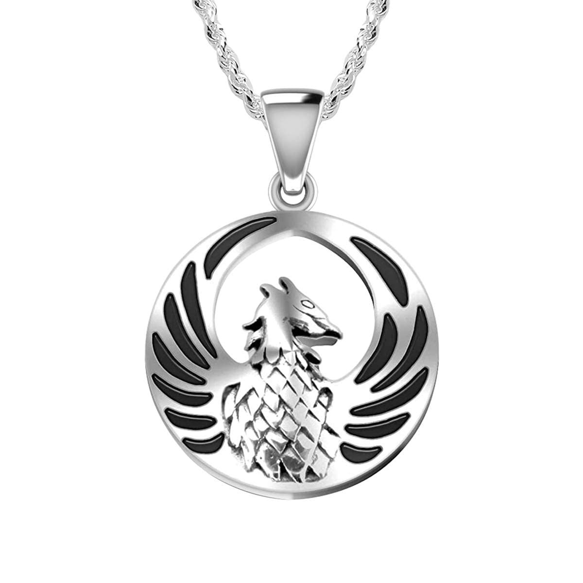 925 Sterling Silver Phoenix Flying Bird Charm Pendant Necklace - 18in 1.4mm  Rope Chain