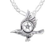 925 Sterling Silver Raven with Pentagram Wiccan Pendant Necklace - US Jewels