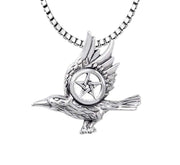 925 Sterling Silver Raven with Pentagram Wiccan Pendant Necklace - US Jewels