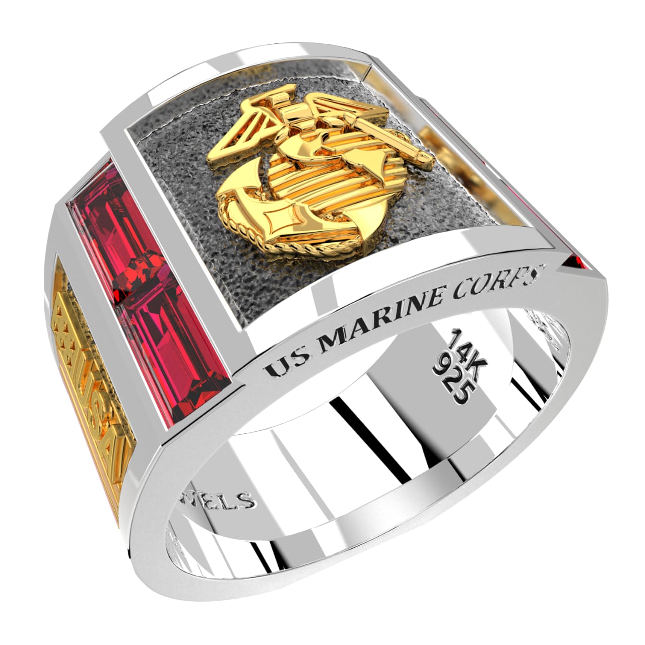 Men's Two Tone 925 Sterling Silver and 14k Yellow Gold Simulated Ruby US Marine Corps USMC Ring