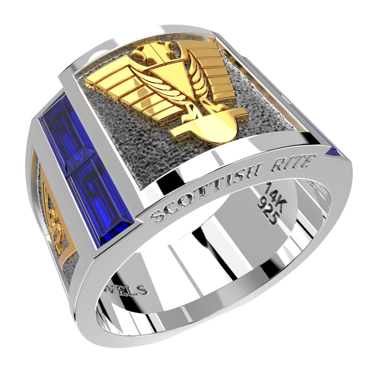 Men's Scottish Rite 925 Sterling Silver and 14k Yellow Gold Synthetic Sapphire Masonic Ring