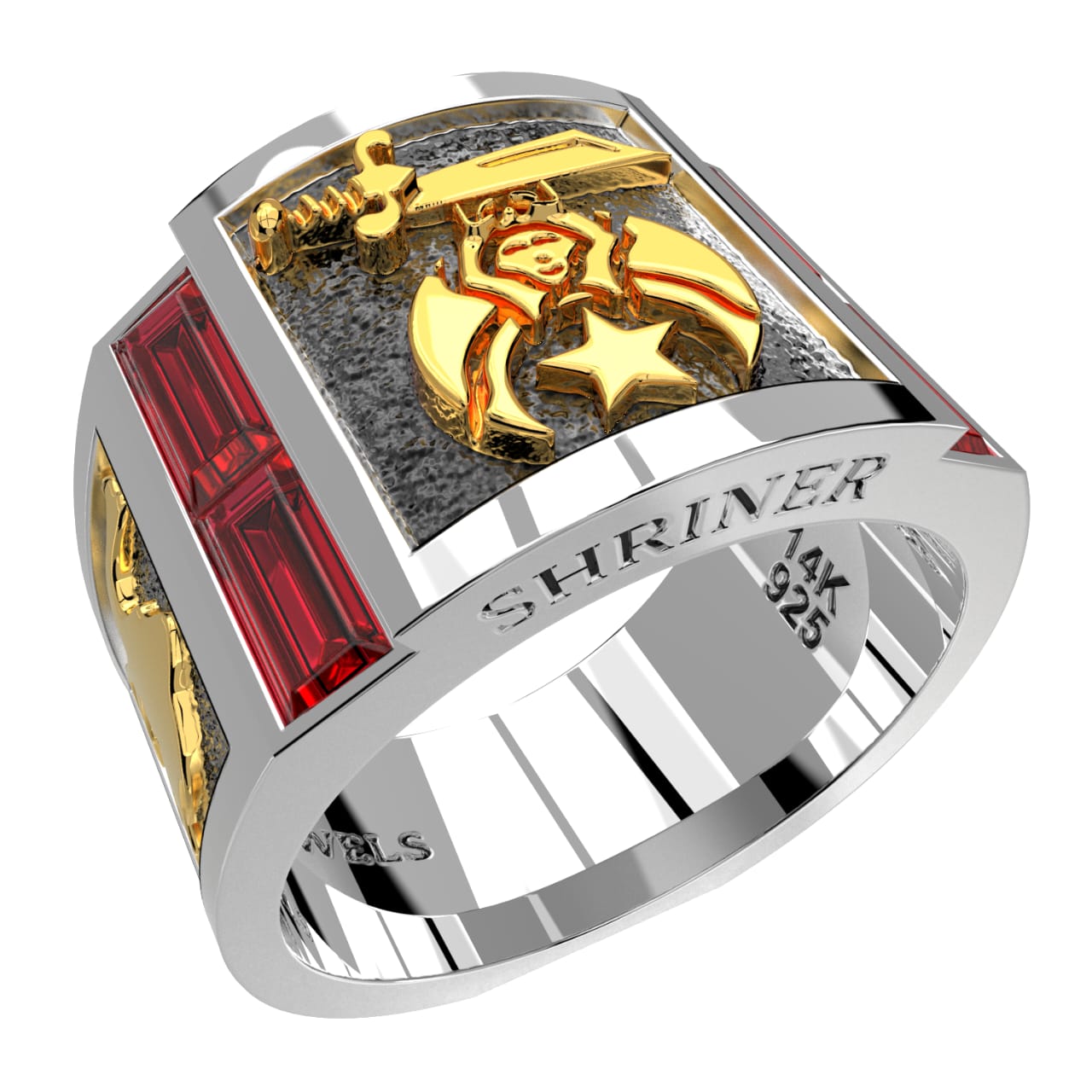 Men's Shriner Two Tone 925 Sterling Silver and 14k Yellow Gold Synthetic Rubies Masonic Ring