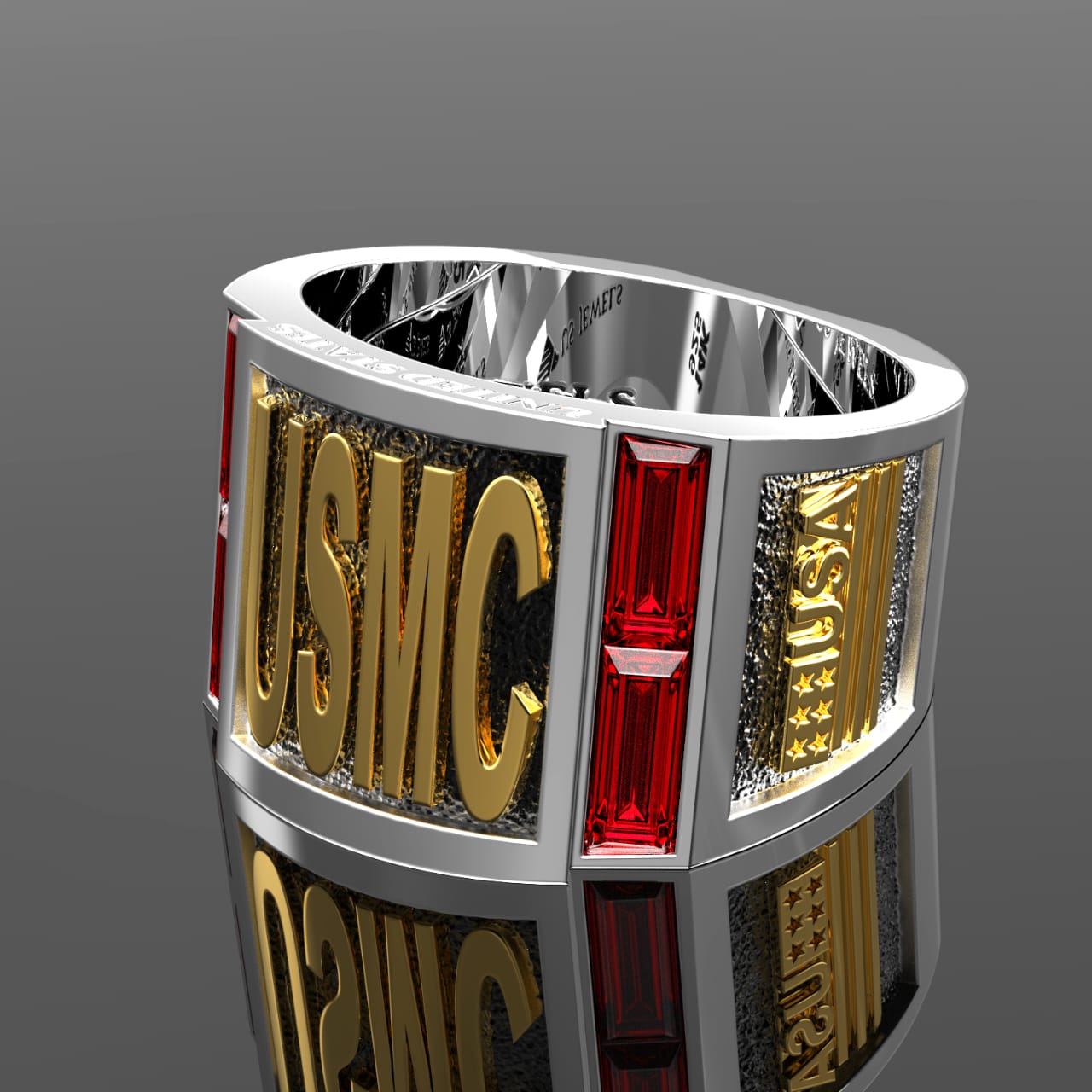 Men's Two Tone 925 Sterling Silver and 14k Yellow Gold Synthetic Rubies US Marine Corps USMC Ring