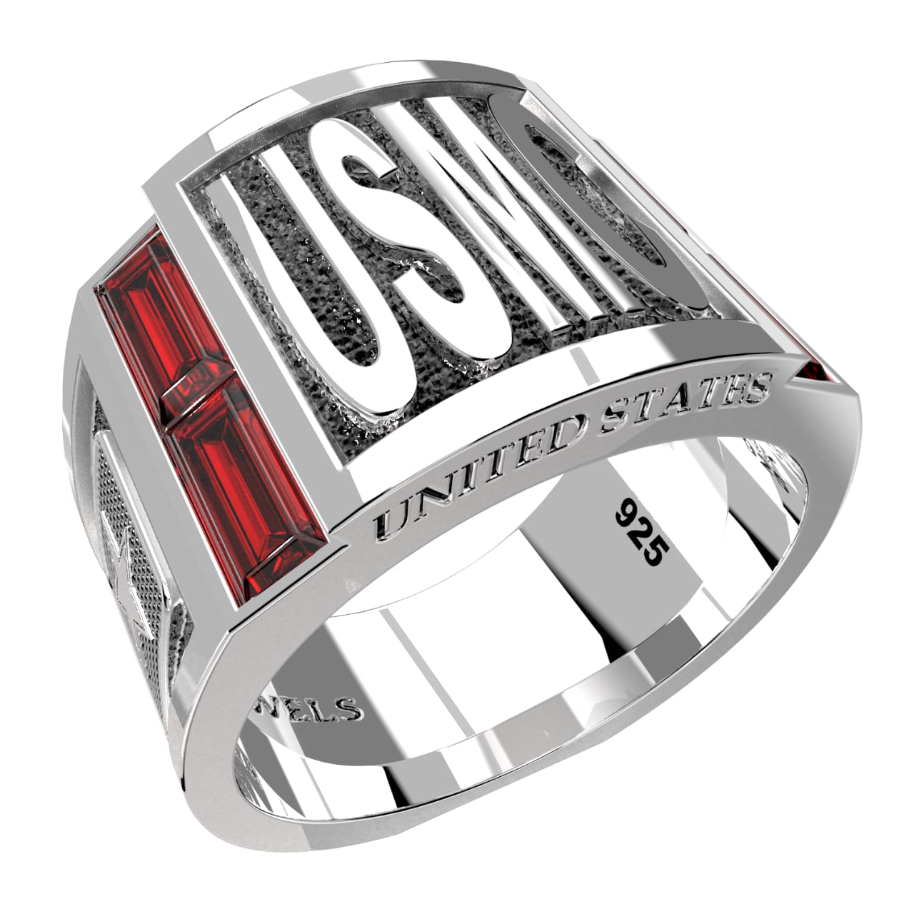 Men's 925 Sterling Silver Synthetic Rubies US Marine Corps USMC Ring