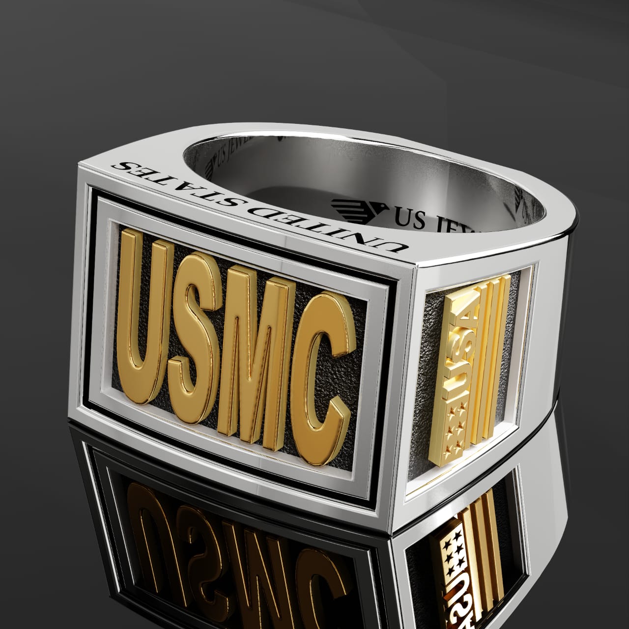 Men's Heavy Two Tone 925 Sterling Silver and 14k Yellow Gold US Marine Corps Ring Band