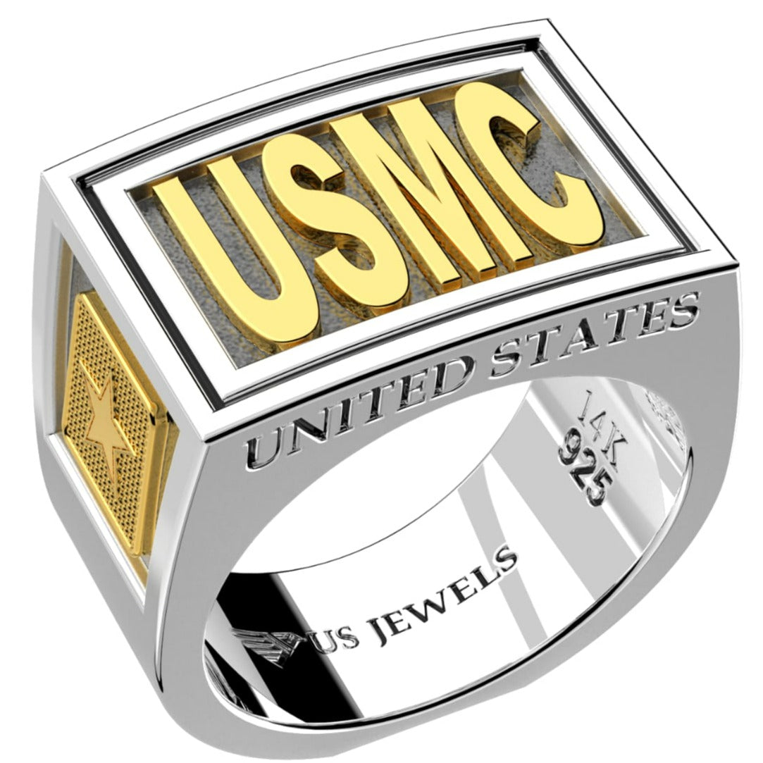 Men's Heavy Two Tone 925 Sterling Silver and 14k Yellow Gold US Marine Corps Ring Band