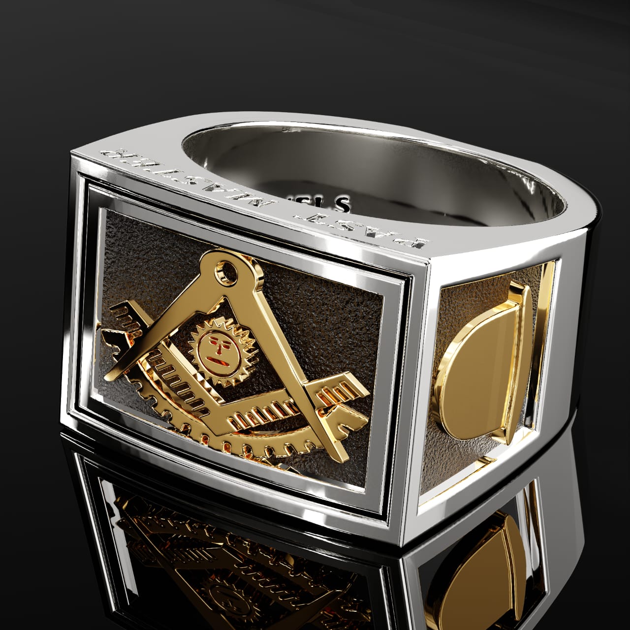 Men's Two-Tone Past Master 925 Sterling Silver and 14k Yellow Gold Masonic Ring