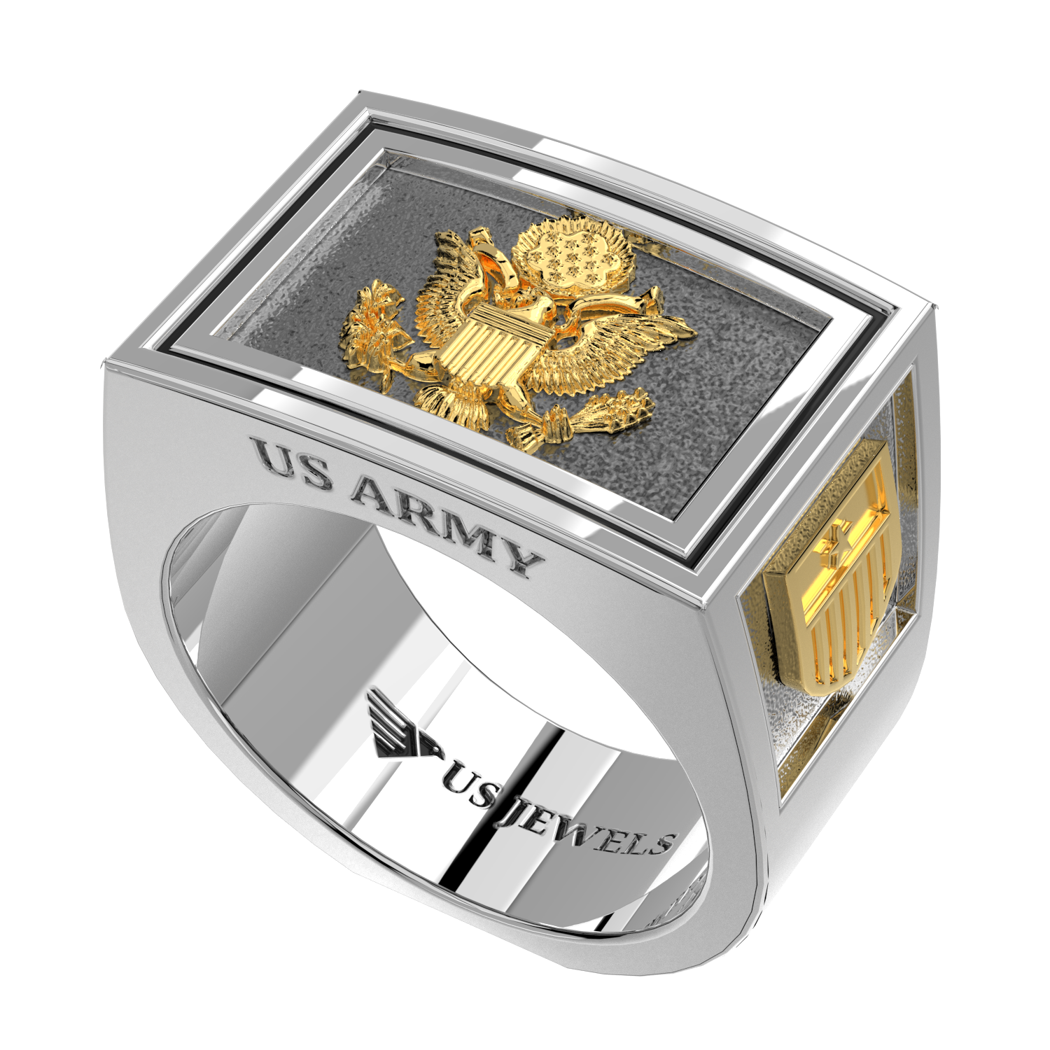 Men s Heavy Two Tone 925 Sterling Silver and 14k Yellow Gold US Army Ring Band