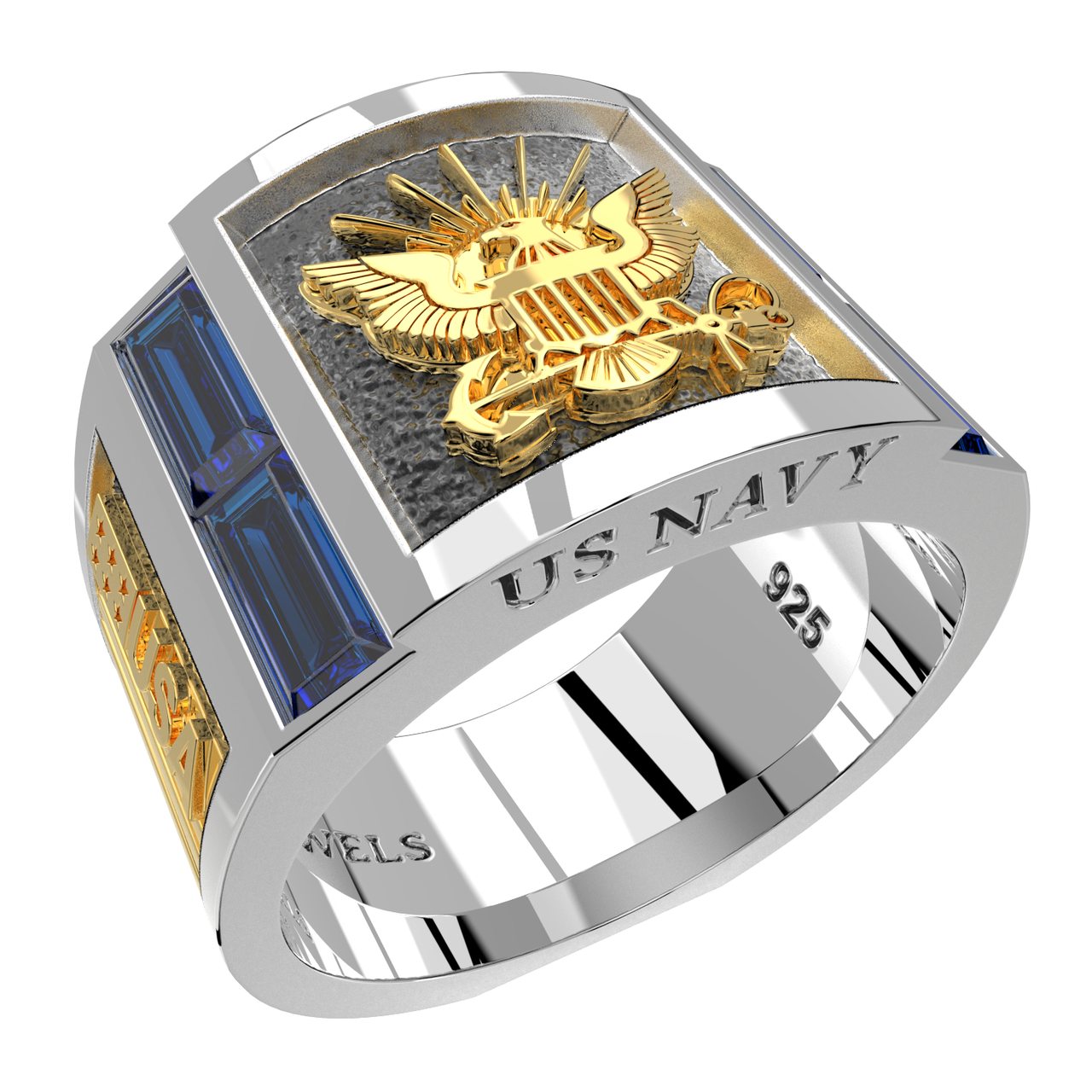 925 Sterling Silver & 14k US Navy Military Solid Back Ring with Synthetic Sapphires