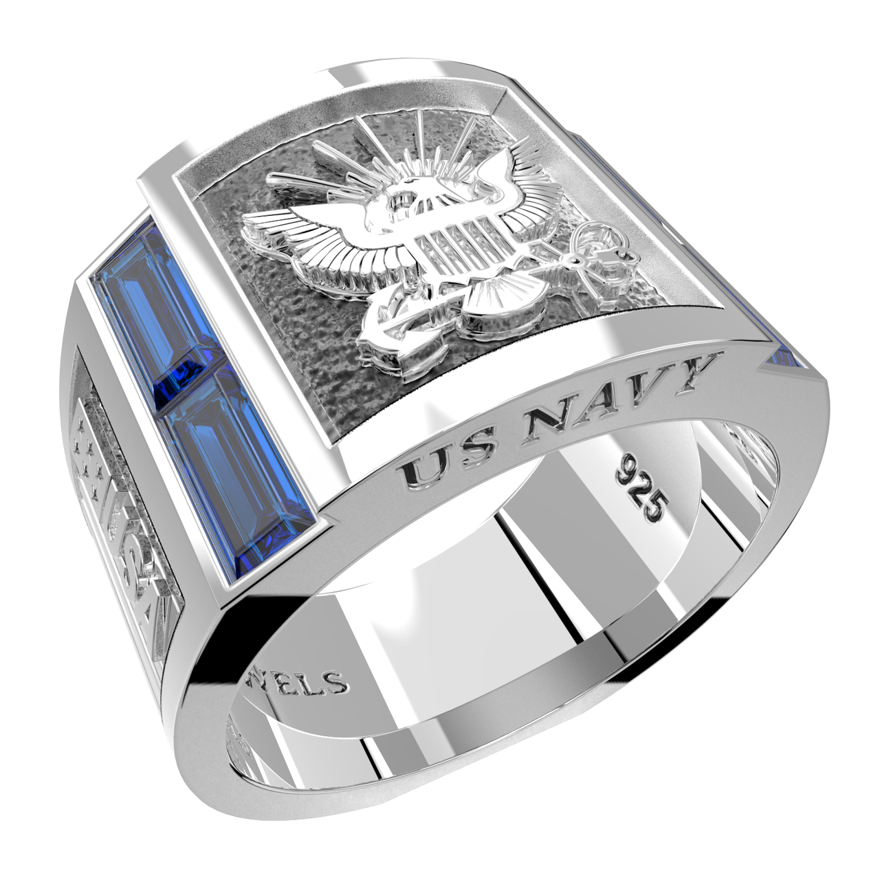 Men's Heavy 925 Sterling Silver US Navy Ring Band w/ Synthetic Sapphires