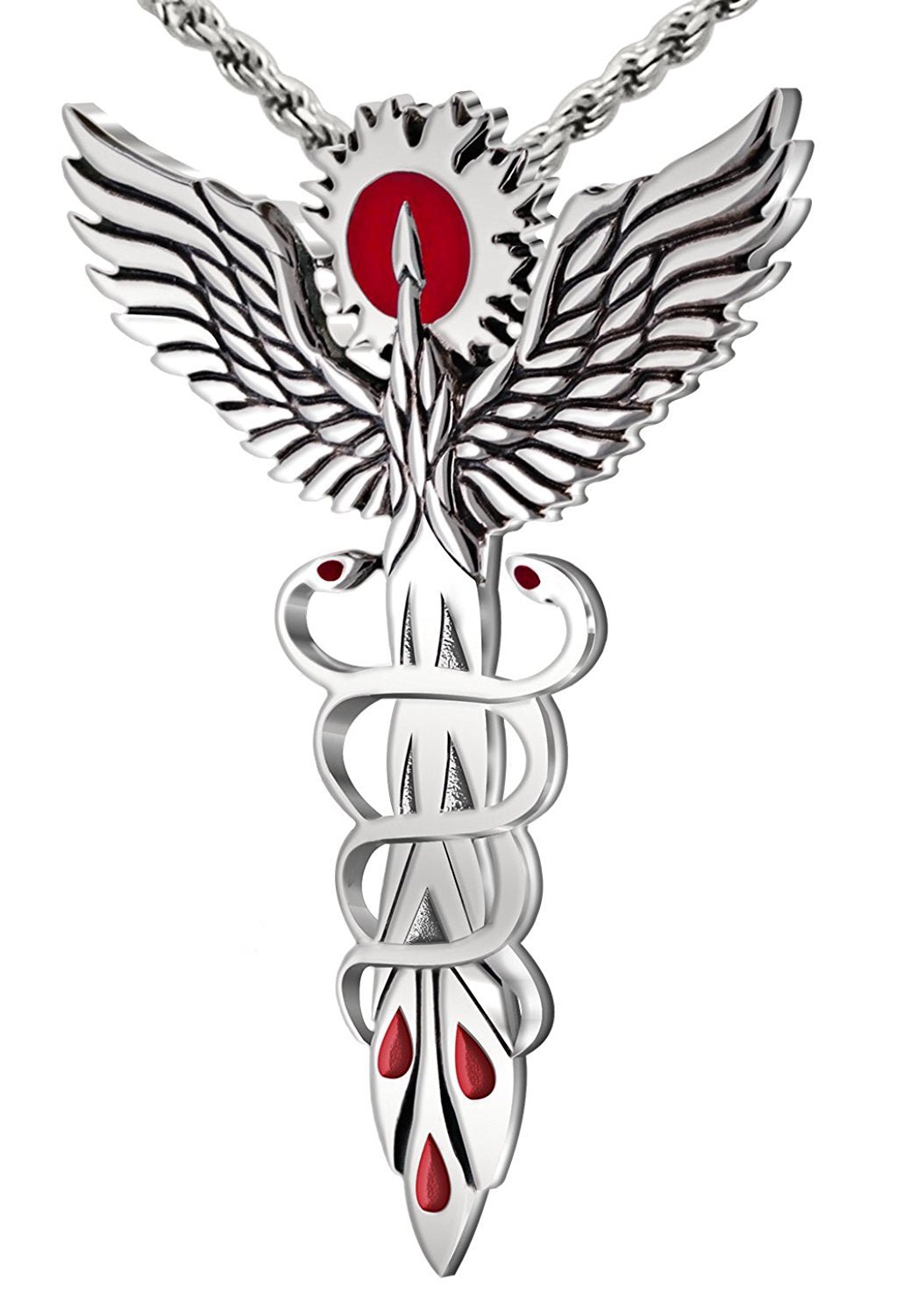 Antique 925 Sterling Silver Modern Day Twist Medical Caduceus Pendant Necklace, 47mm - US Jewels