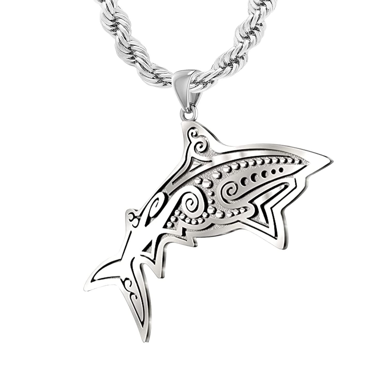 Antique Finish 925 Sterling Silver Aboriginal Shark Aquatic Pendant Necklace - US Jewels