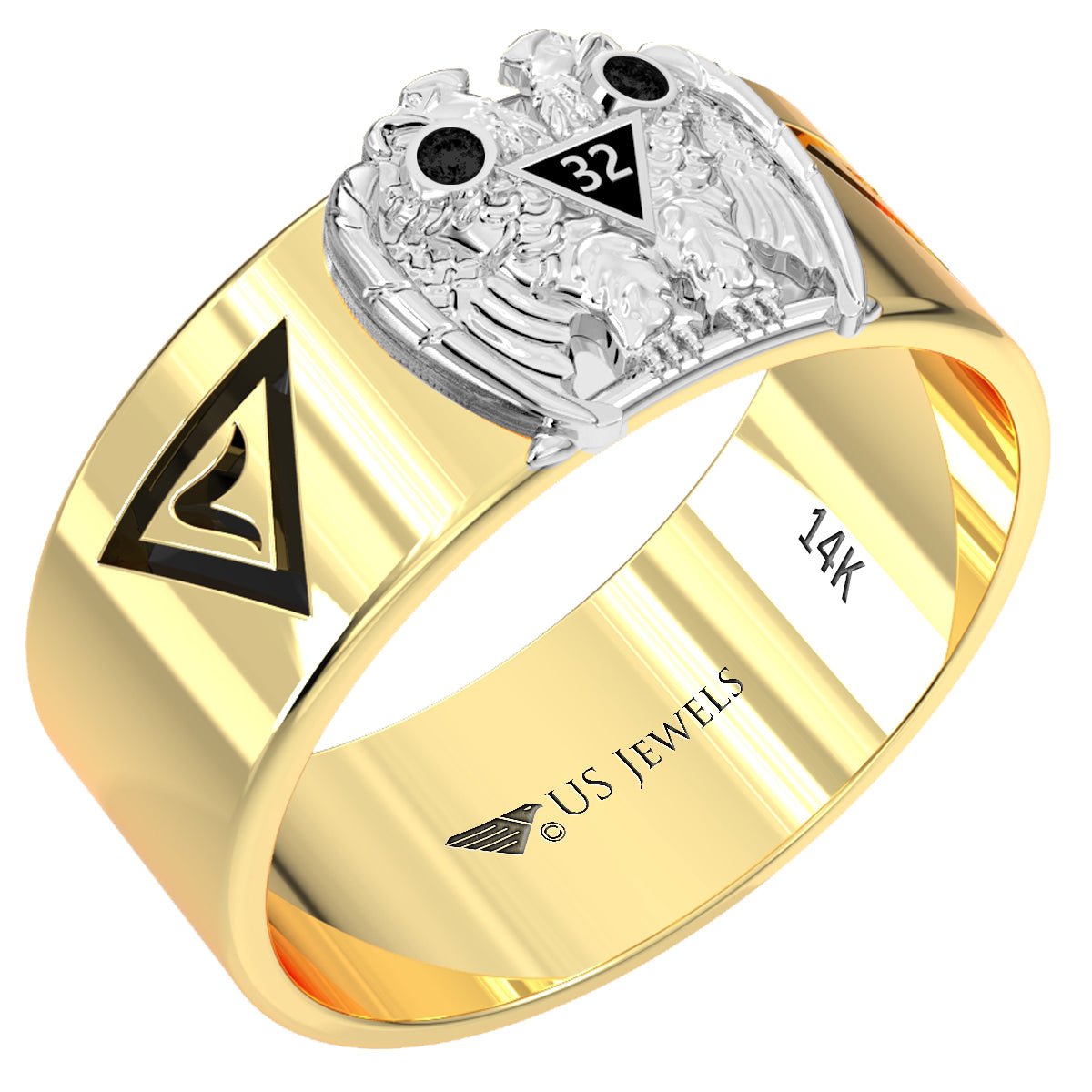 Customizable 14k White or Yellow Gold Scottish Rite 32nd Degree Masonic Ring - US Jewels