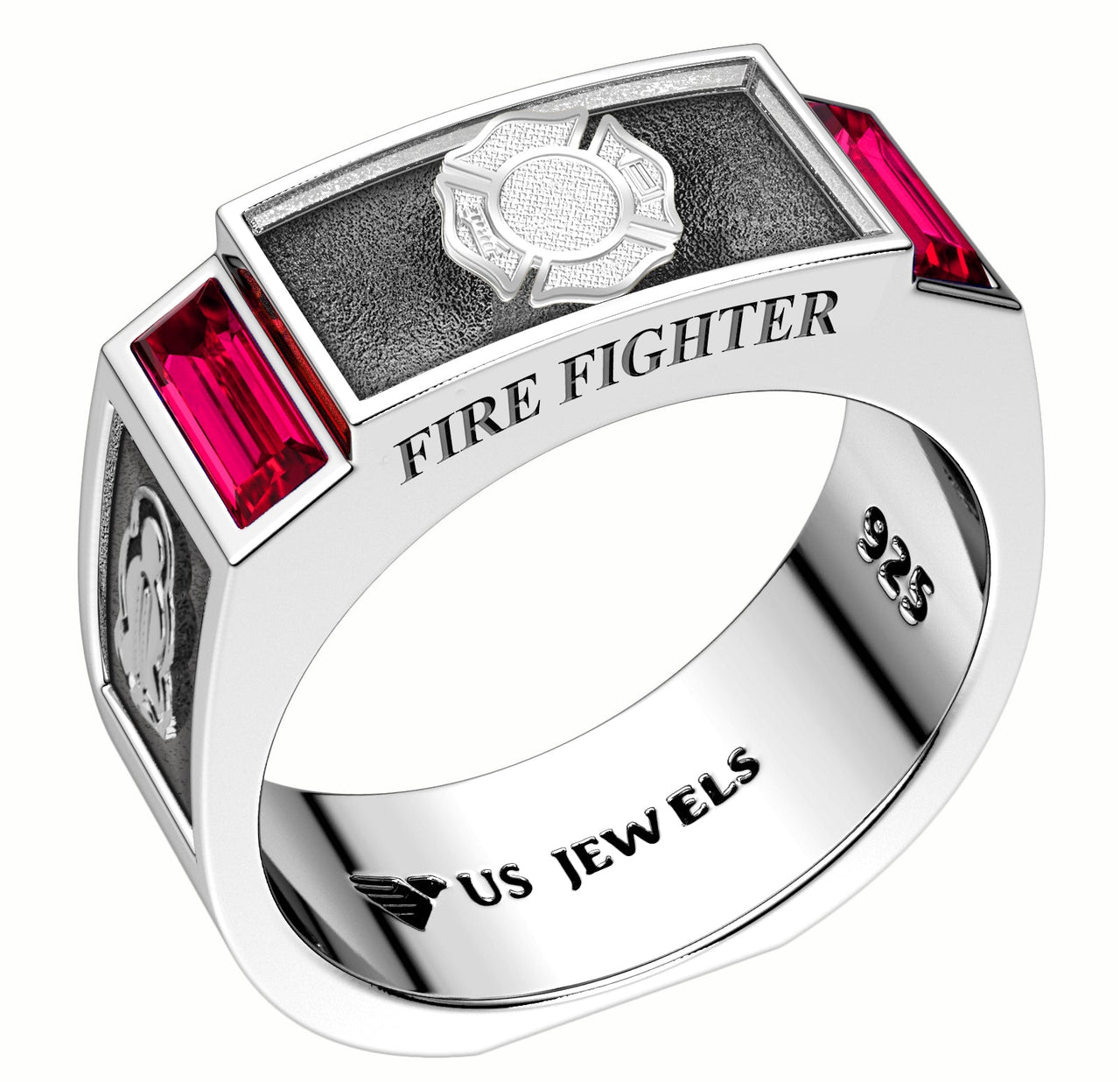 Customizable Men's 8mm 925 Sterling Silver Synthetic Ruby Masonic/Fire Fighter Ring Band - US Jewels
