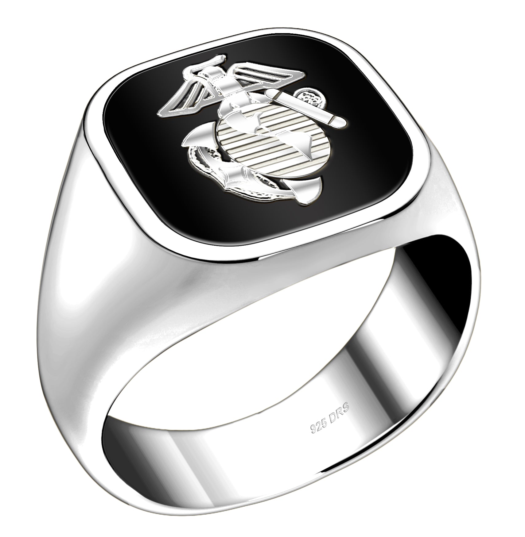 Customizable Solid Back 925 Sterling Silver US Marine Corps Military Ring - US Jewels
