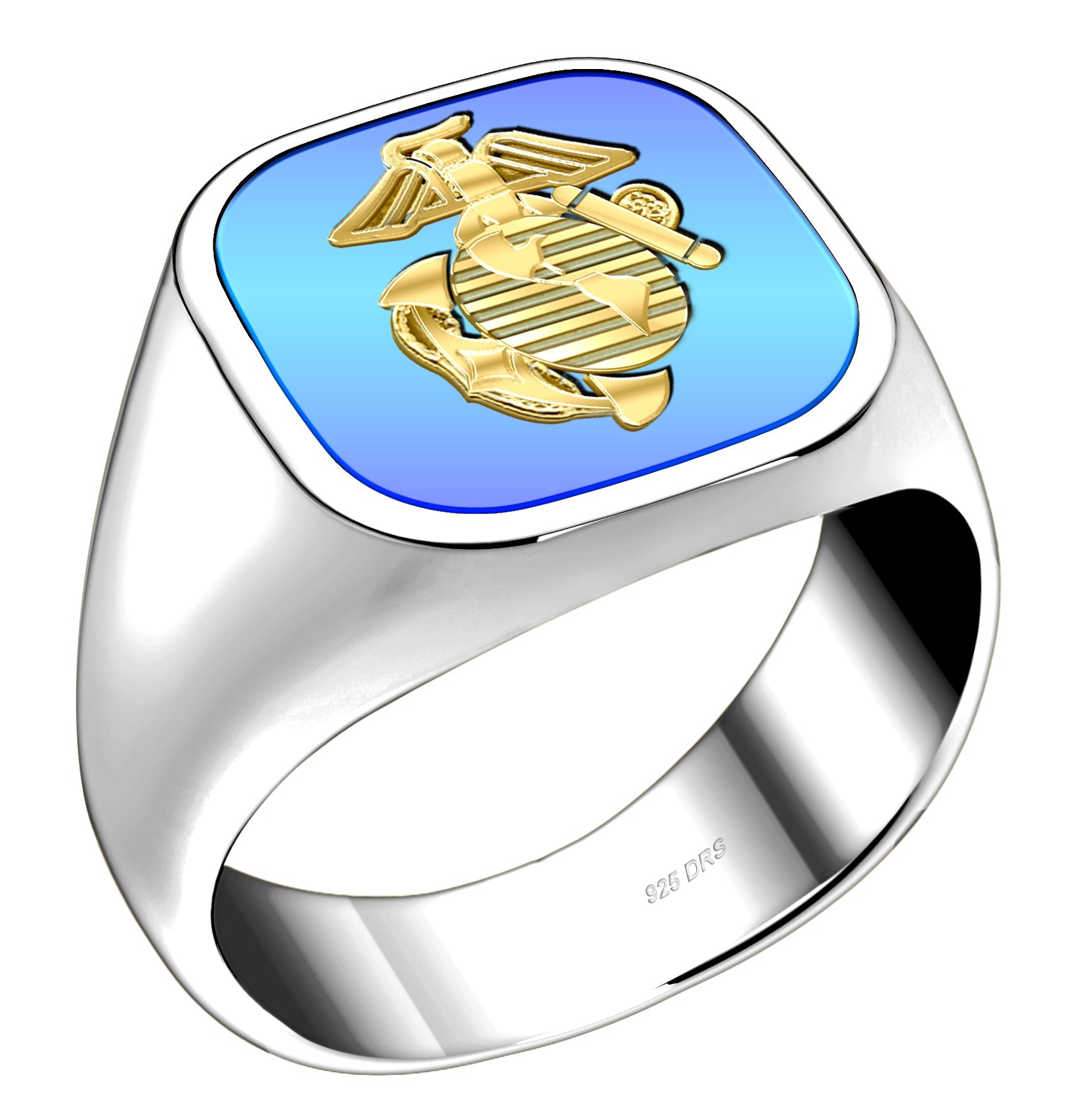 Customizable Solid Back 925 Sterling Silver US Marine Corps Military Ring