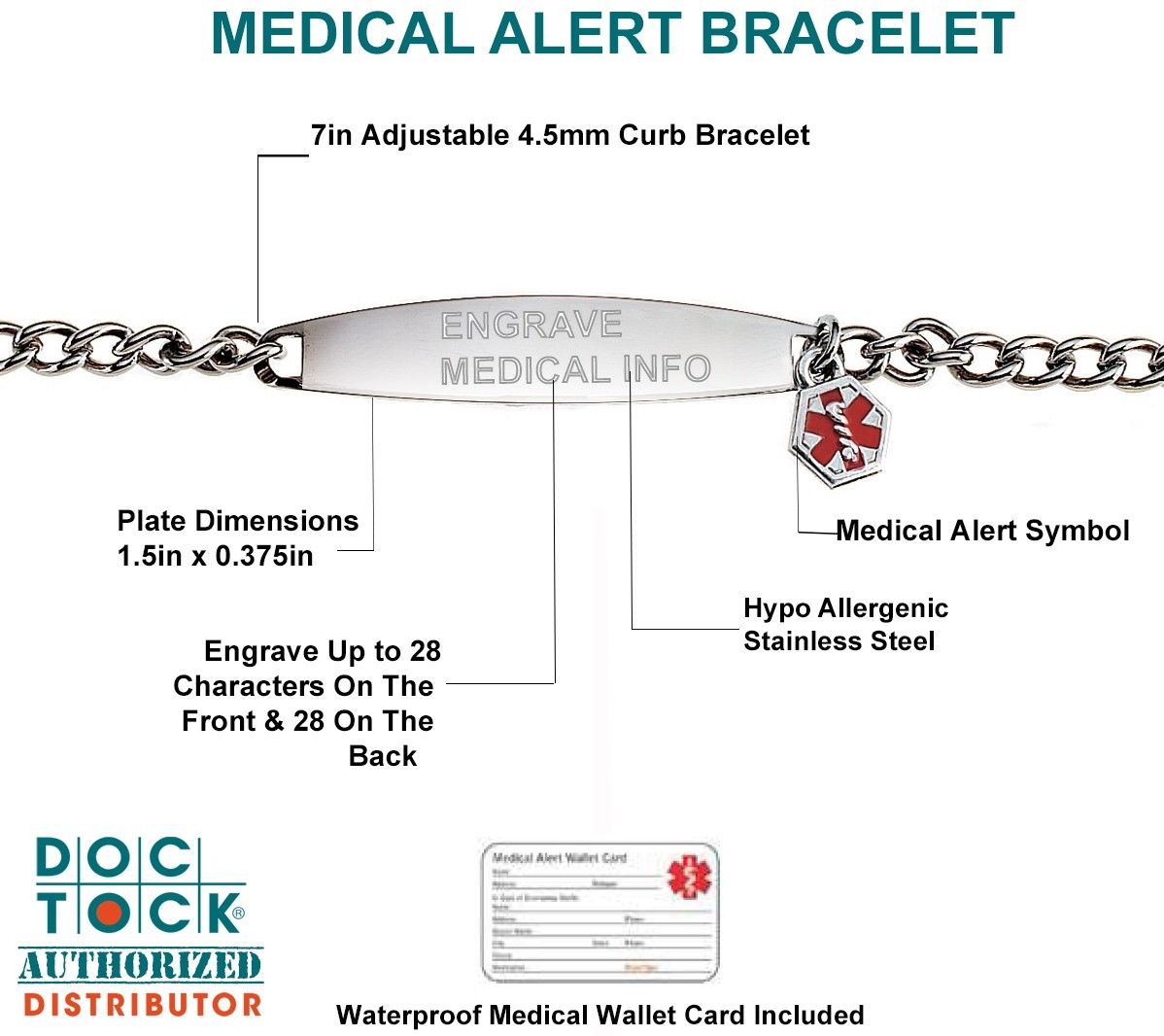 DOC TOCK 5in thru 7in Stainless Steel Medical Alert ID Link Bracelet - US Jewels