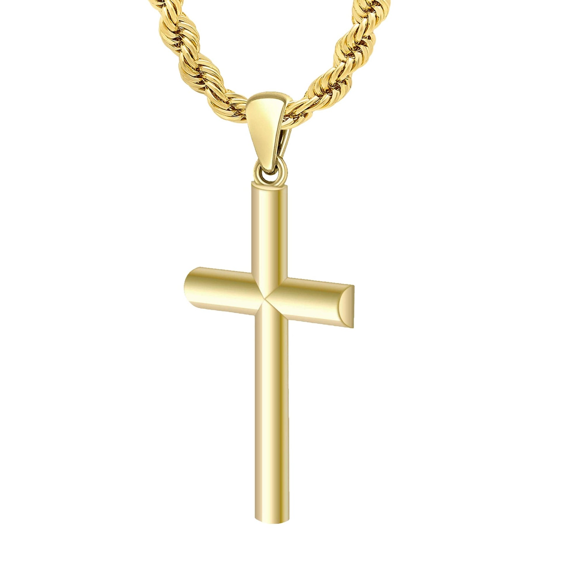 Domed 1.25in 14k Yellow Gold Christian Cross Pendant Necklace - US Jewels