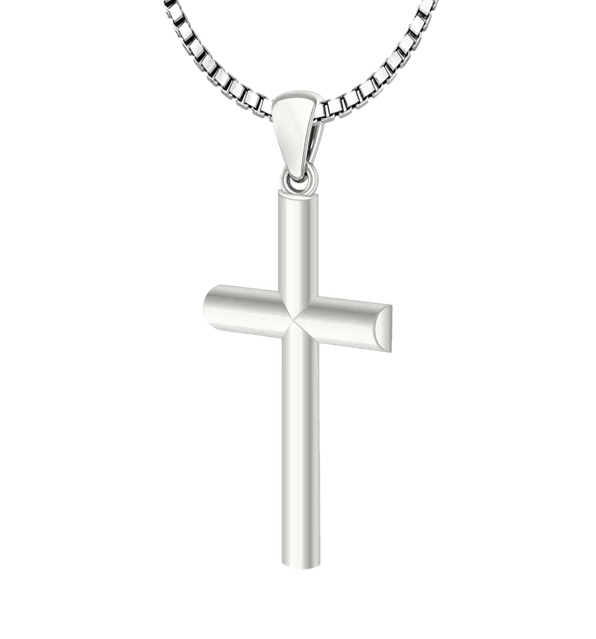 Domed 14k White Gold Christian Cross Pendant Necklace - US Jewels