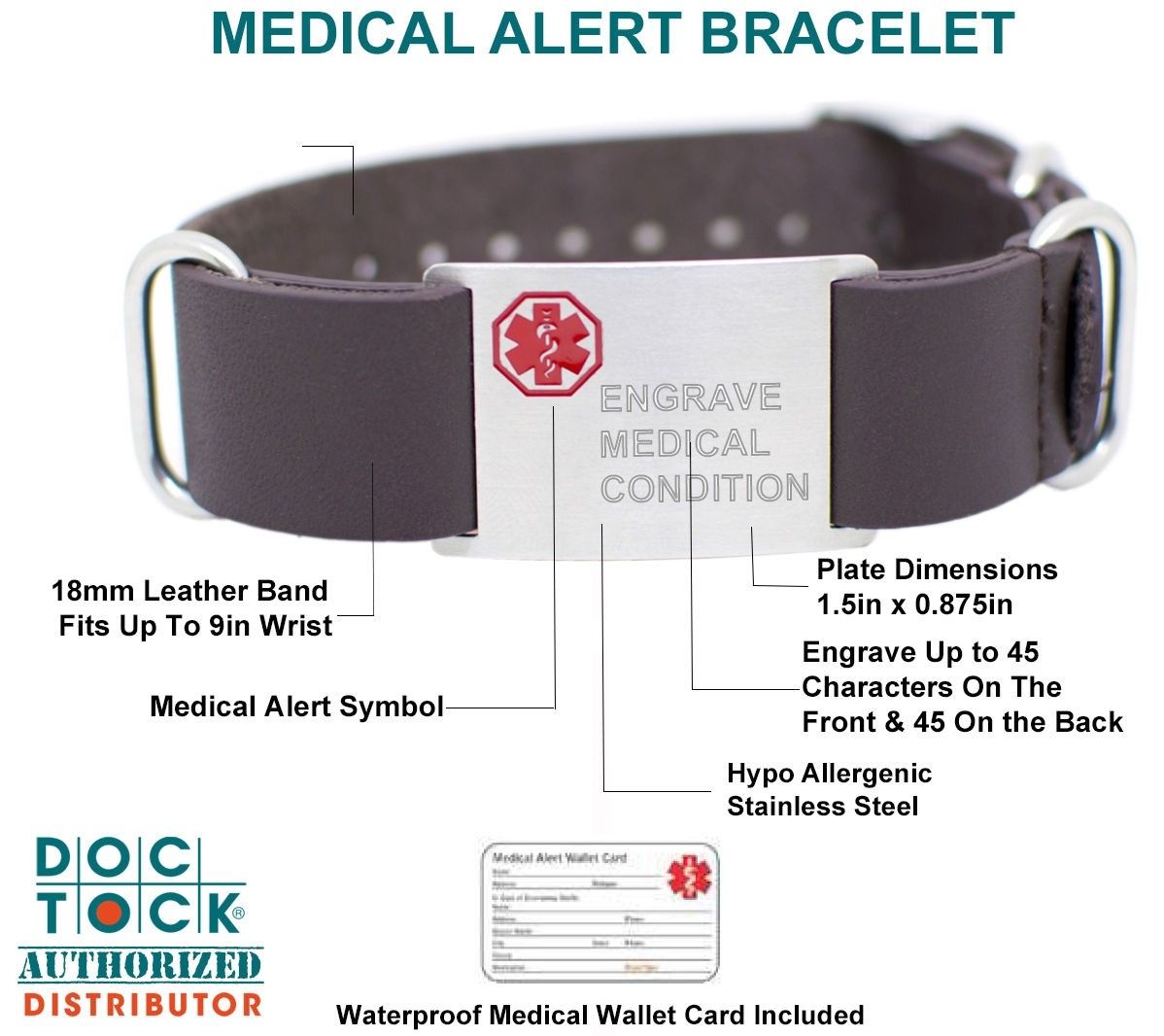 Engravable DOC TOCK Genuine Leather 18mm Medical Alert ID Band Bracelet - US Jewels