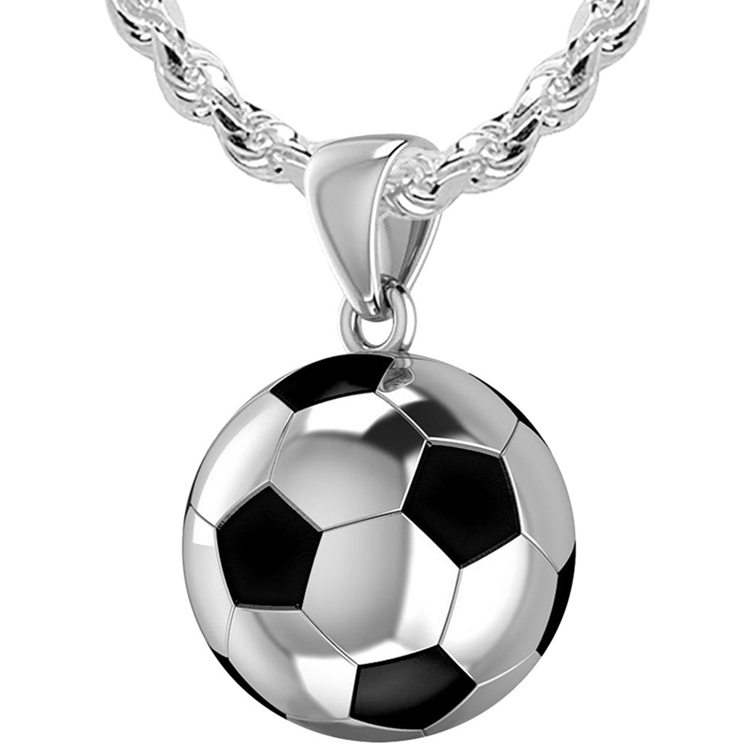 Extra Large 925 Sterling Silver 3D Soccer Ball Football Pendant Necklace, 25mm - US Jewels