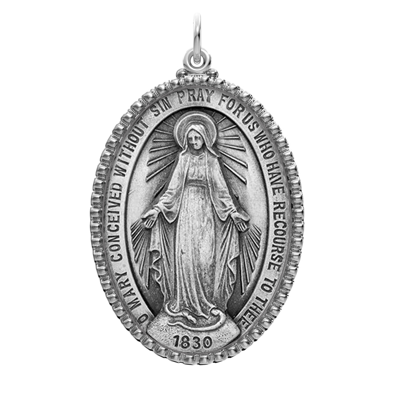 Extra Large Ladies 925 Sterling Silver Oval Miraculous Virgin Mary Medal  Pendant Necklace, 39mm