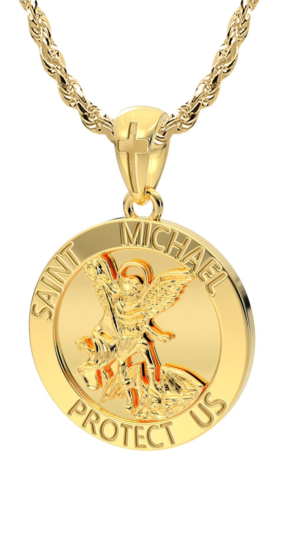 Heavy Solid 10K or 14K Yellow Gold St Saint Michael Medal Round Pendant Necklace, 25mm - US Jewels