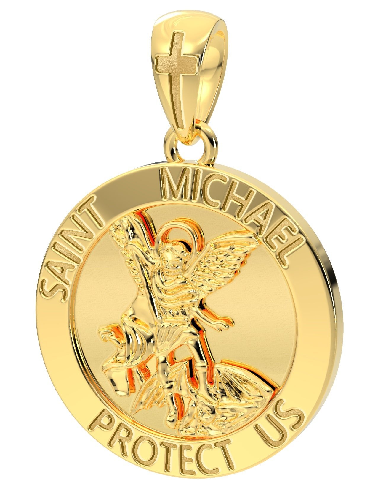 Heavy Solid 10K or 14K Yellow Gold St Saint Michael Medal Round Pendant Necklace, 25mm - US Jewels