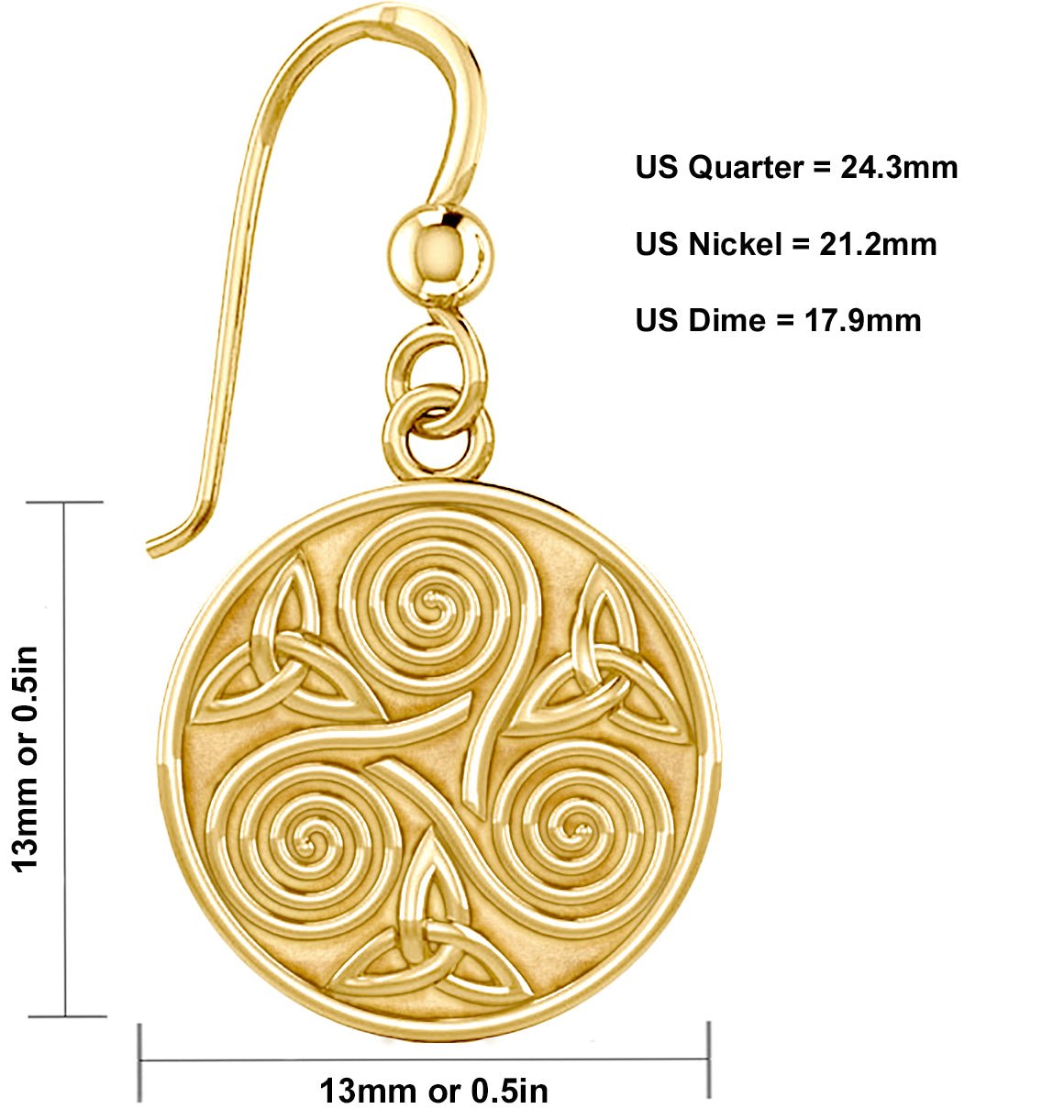 Ladies 0.5in 10k or 14k Yellow Gold Irish Celtic Triskele Triple Spiral & Trinity Knot Dangle Earrings - US Jewels
