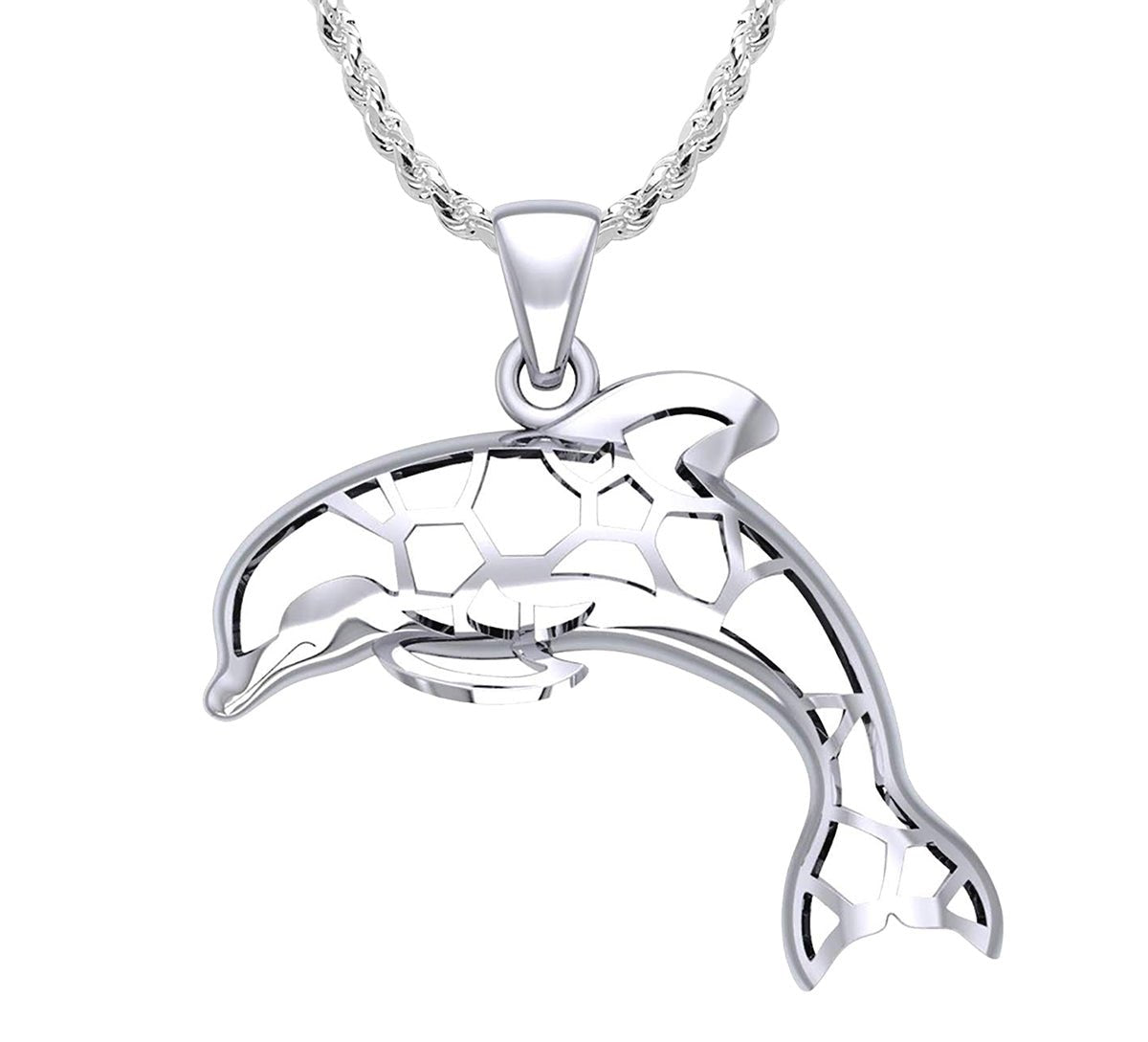 Ladies 1 3/16in 925 Sterling Silver 3D Window to Universe Dolphin Pendant Necklace - US Jewels