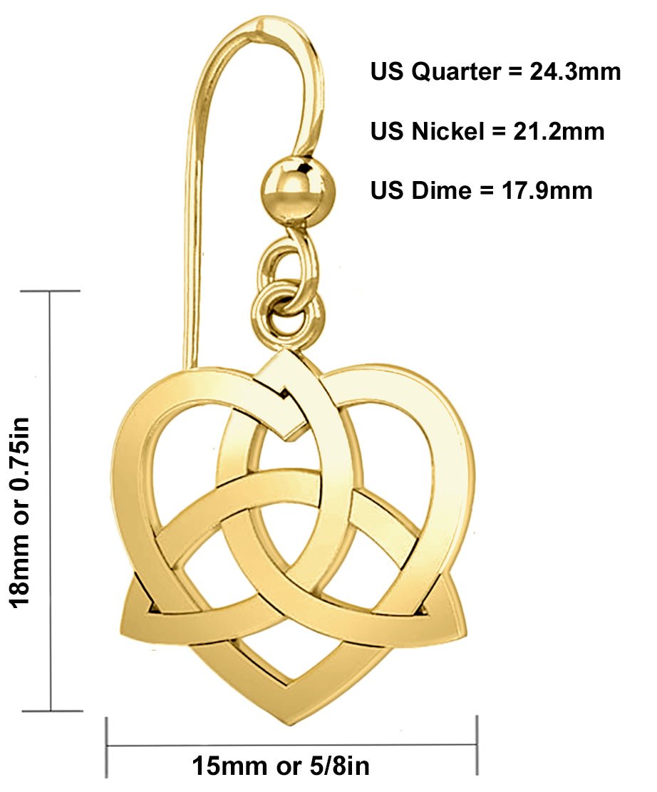 Ladies 10k or 14k Gold Irish Celtic Heart & Trinity Knot Dangle Earrings - US Jewels
