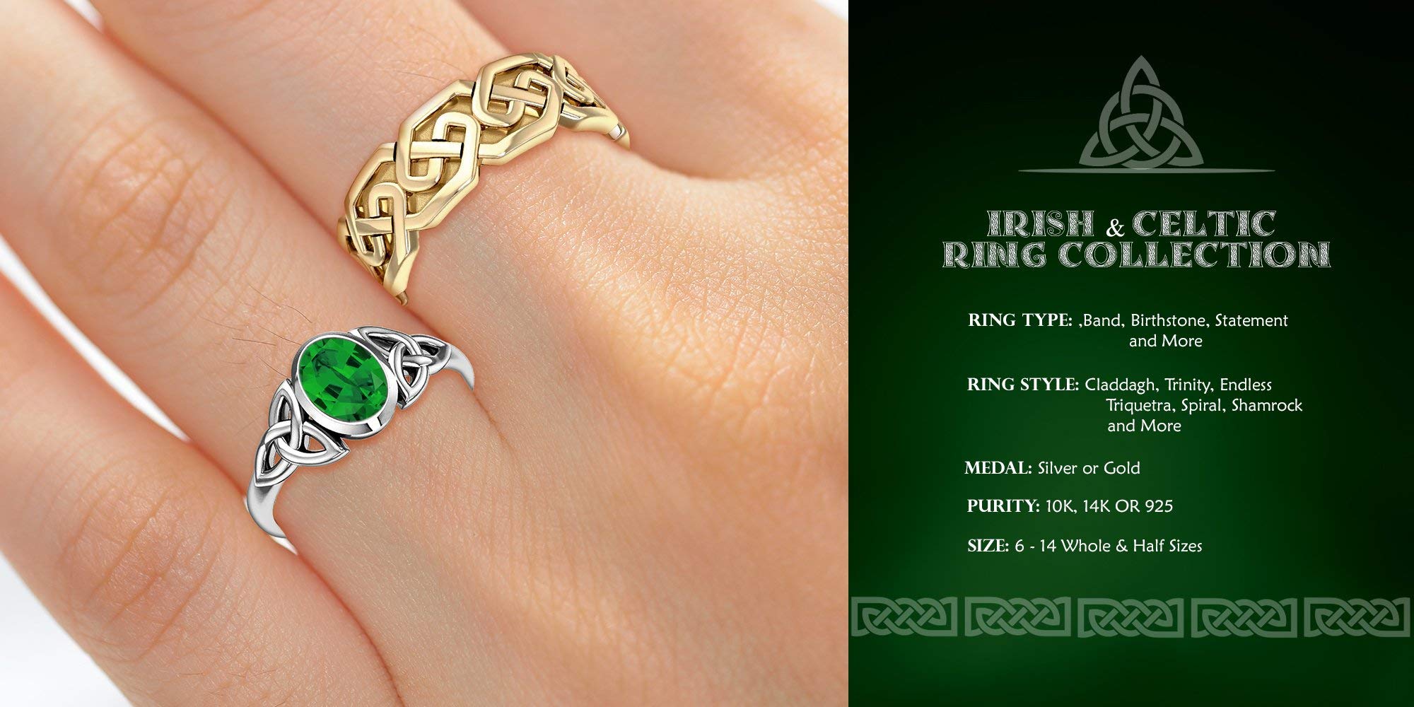Ladies 10K or 14K Gold Irish Celtic Trinity Knot & Moon Ring