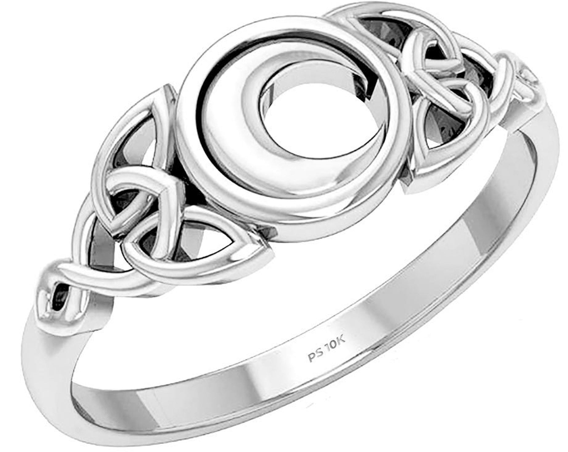 Ladies 10K or 14K Gold Irish Celtic Trinity Knot & Moon Ring - 10k White  Gold / 4