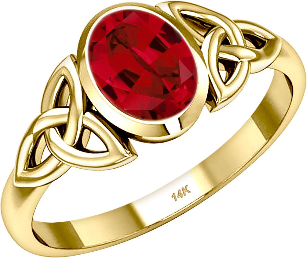 Ladies 10ky or 14ky Gold Irish Celtic Trinity Chatham Ruby July Birthstone Ring - US Jewels