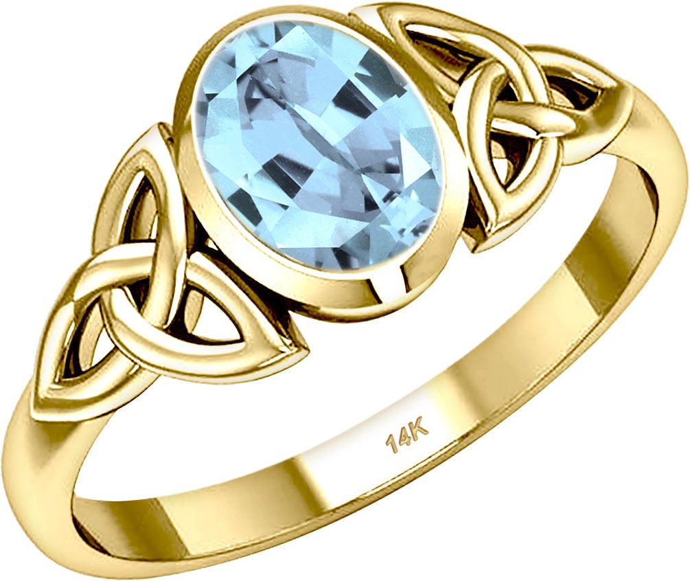 Ladies 10ky or 14ky Gold Irish Celtic Trinity Genuine Aquamarine March Birthstone Ring - US Jewels