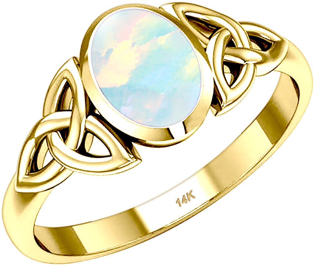 Ladies 10ky or 14ky Gold Irish Celtic Trinity Genuine Opal October Birthstone Ring - US Jewels