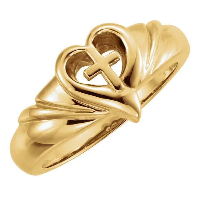 Ladies 14k Gold Heart & Cross Band Ring - US Jewels