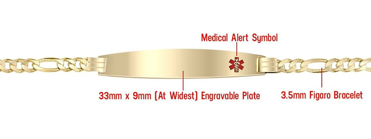 Ladies 14k Yellow Gold 3.5mm Figaro Medical Alert ID Bracelet - US Jewels