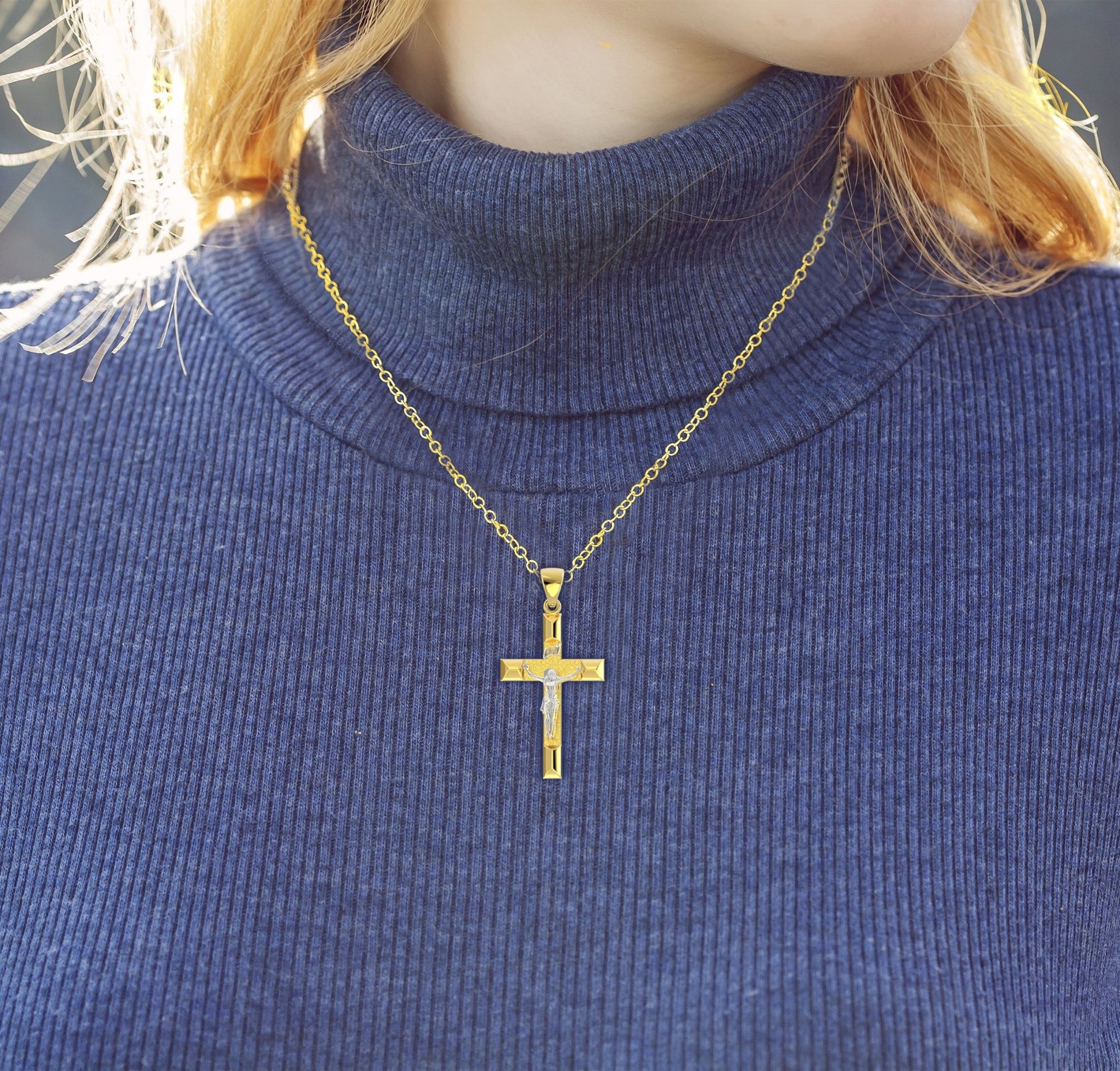 Ladies 14k Yellow Gold Angled Cross Crucifix Pendant Necklace, 32mm - US Jewels