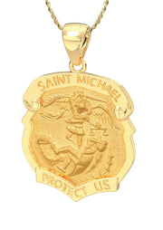 Ladies 14k Yellow Gold Badge St Saint Michael Hollow Medal Pendant Necklace, 28mm - US Jewels