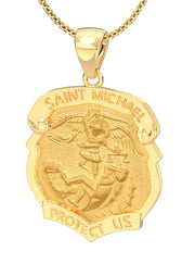 Ladies 14k Yellow Gold Badge St Saint Michael Hollow Medal Pendant Necklace, 28mm - US Jewels