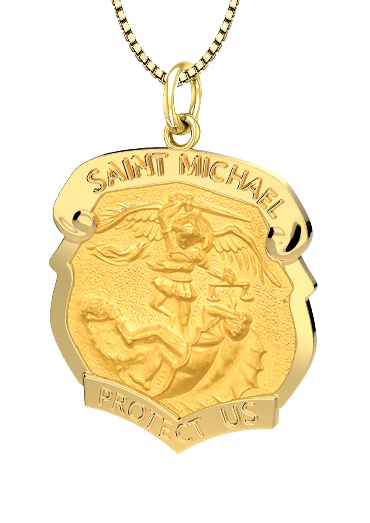 Ladies 14k Yellow Gold Badge St Saint Michael Solid Medal Pendant Necklace, 28mm - US Jewels