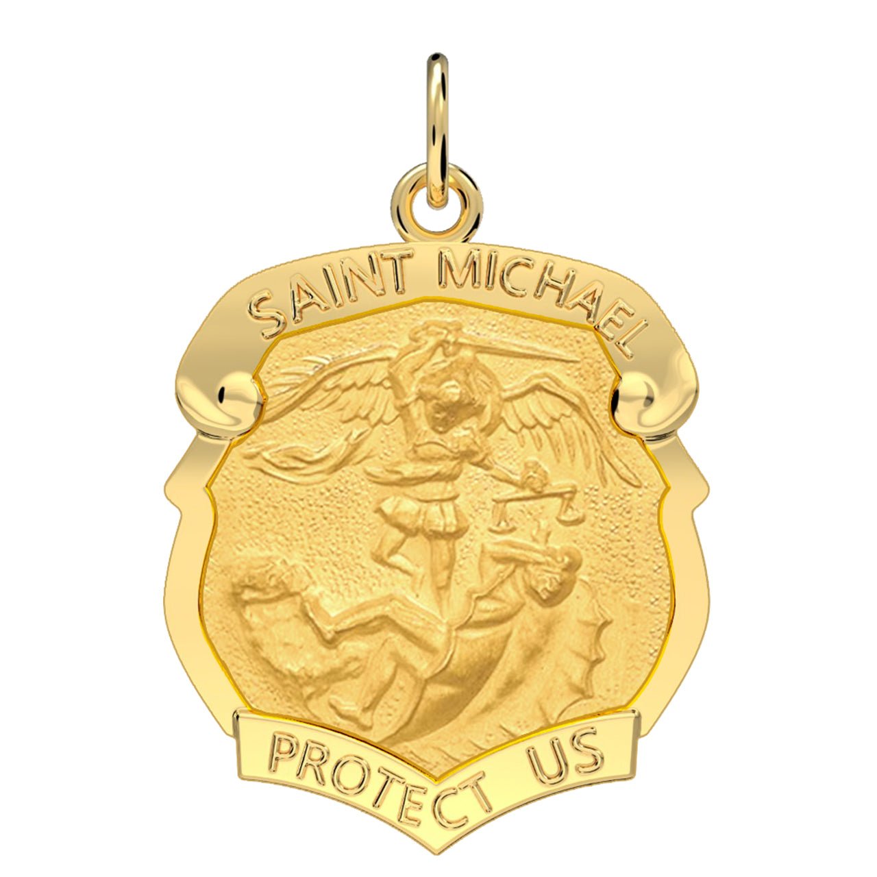 Ladies 14k Yellow Gold Badge St Saint Michael Solid Medal Pendant Necklace, 28mm - US Jewels