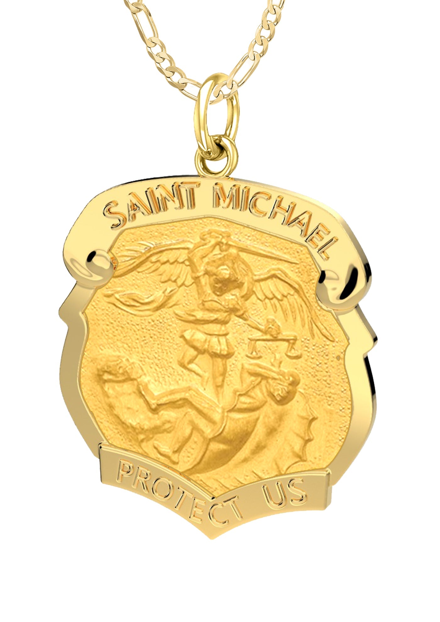 Ladies 14k Yellow Gold Badge St Saint Michael Solid Medal Pendant Necklace,  28mm - 16in 2.2mm Figaro Chain