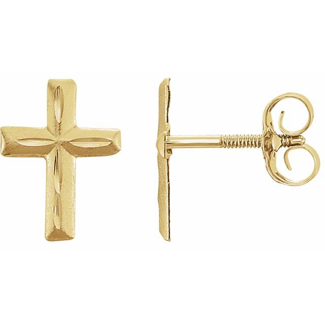Ladies 14K Yellow Gold Cross Stud Earrings - US Jewels