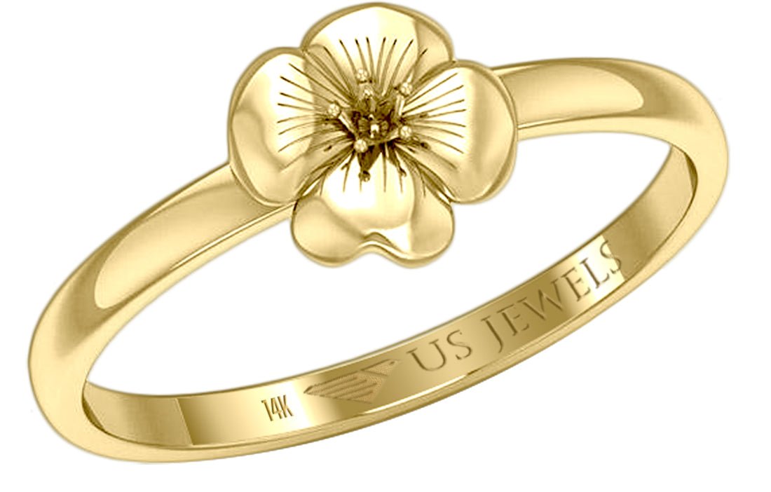 Ladies 14K Yellow Gold Floral Four Petal Flower Ring - US Jewels