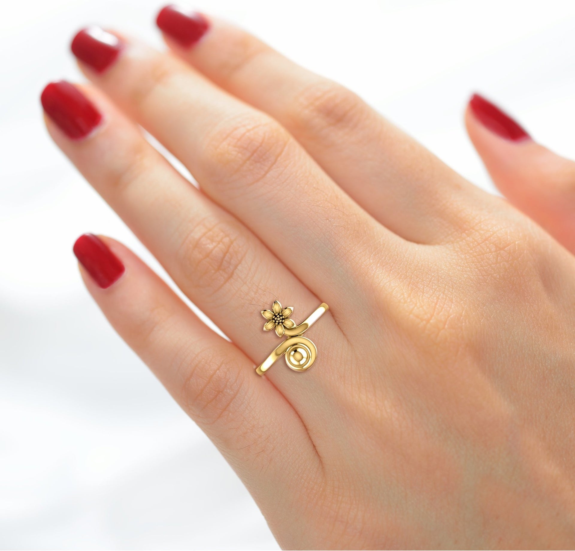 Ladies 14K Yellow Gold Floral Rain Lily Flower Ring - US Jewels